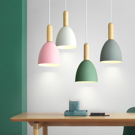 Macaron 1-Head Pendant Light: Metallic Bell Hanging With Wooden Handle