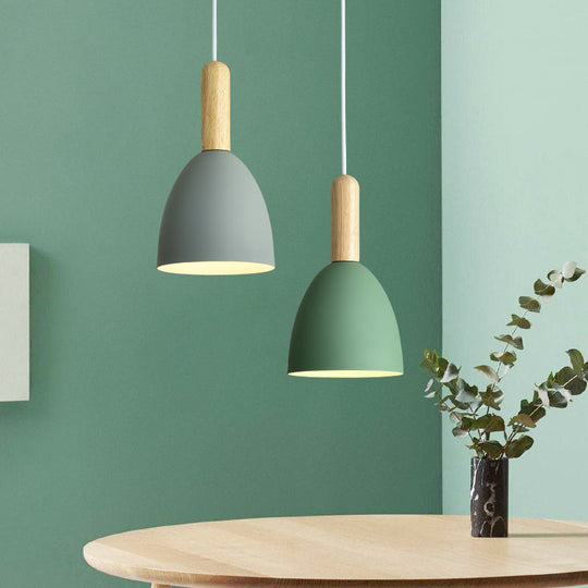 Macaron 1-Head Pendant Light: Metallic Bell Hanging With Wooden Handle