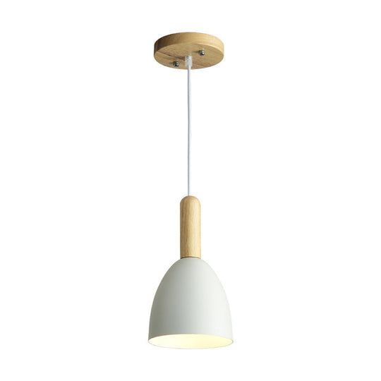 Macaron 1-Head Pendant Light: Metallic Bell Hanging With Wooden Handle