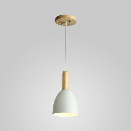 Macaron 1-Head Pendant Light: Metallic Bell Hanging With Wooden Handle
