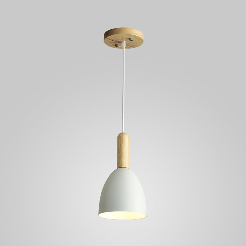 Macaron 1-Head Pendant Light: Metallic Bell Hanging With Wooden Handle White