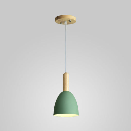 Macaron 1-Head Pendant Light: Metallic Bell Hanging With Wooden Handle Green