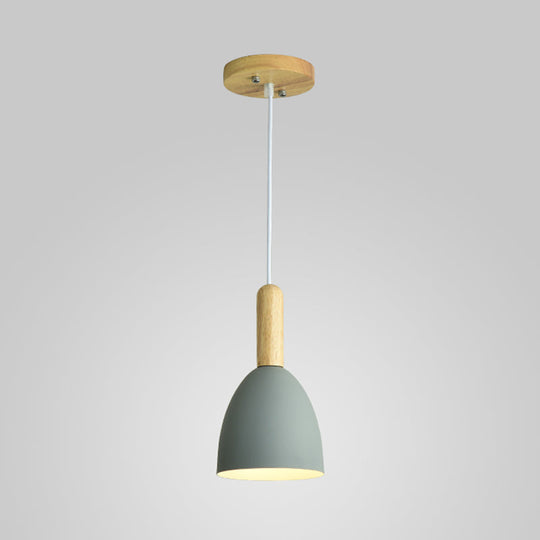 Macaron 1-Head Pendant Light: Metallic Bell Hanging With Wooden Handle