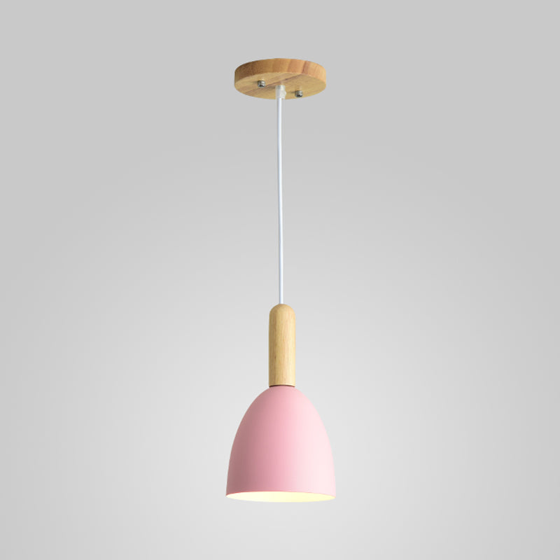 Macaron 1-Head Pendant Light: Metallic Bell Hanging With Wooden Handle