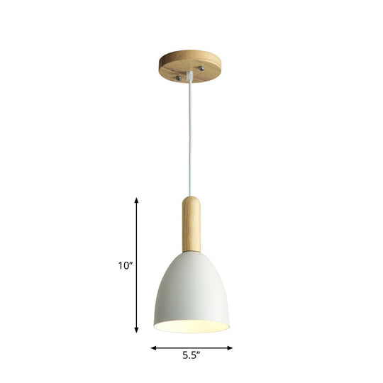 Macaron 1-Head Pendant Light: Metallic Bell Hanging With Wooden Handle