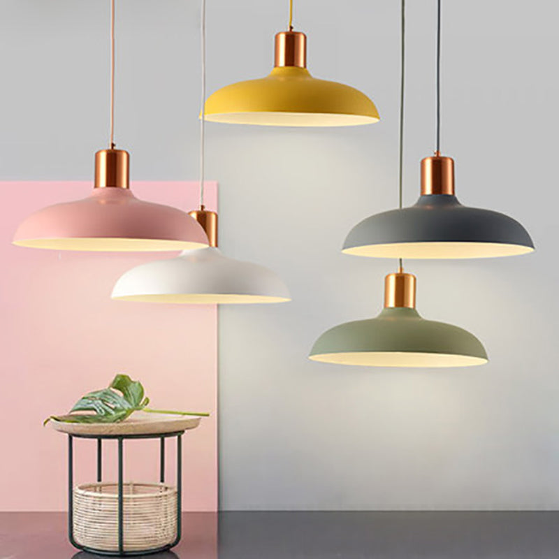 Bowl-Shaped Restaurant Pendant Light - Metal Construction Macaron Suspension Design With 1 Bulb