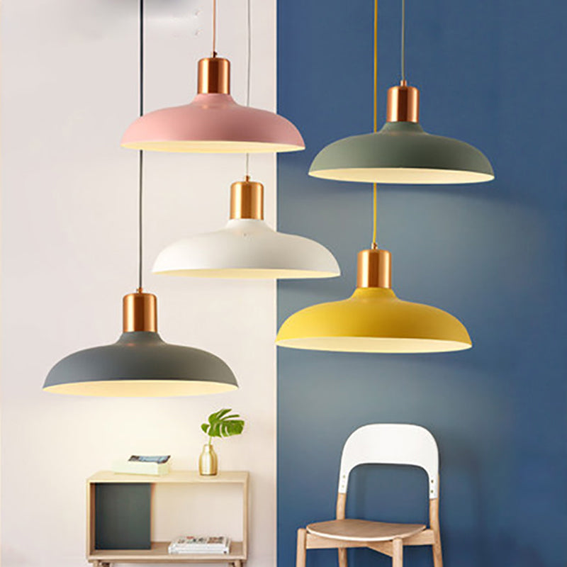 Bowl-Shaped Restaurant Pendant Light - Metal Construction Macaron Suspension Design With 1 Bulb