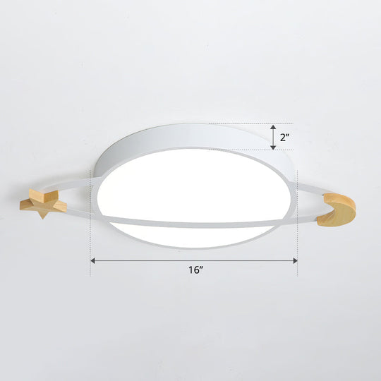 Led Flushmount Light: Ringed Planet Childrens Ceiling Fixture With Wooden Moon And Star Accents