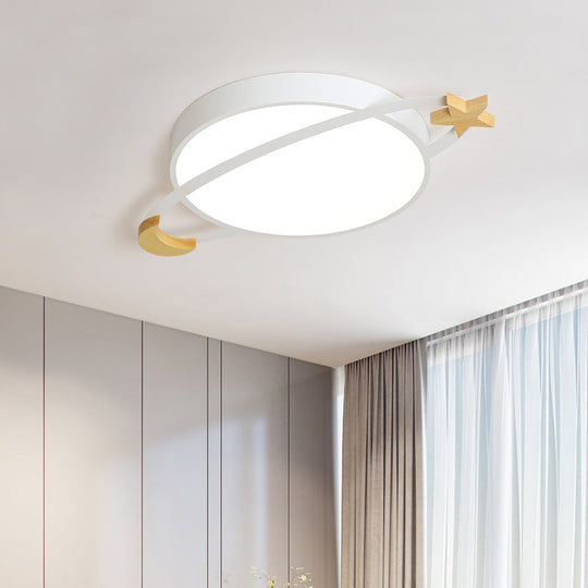 Led Flushmount Light: Ringed Planet Childrens Ceiling Fixture With Wooden Moon And Star Accents