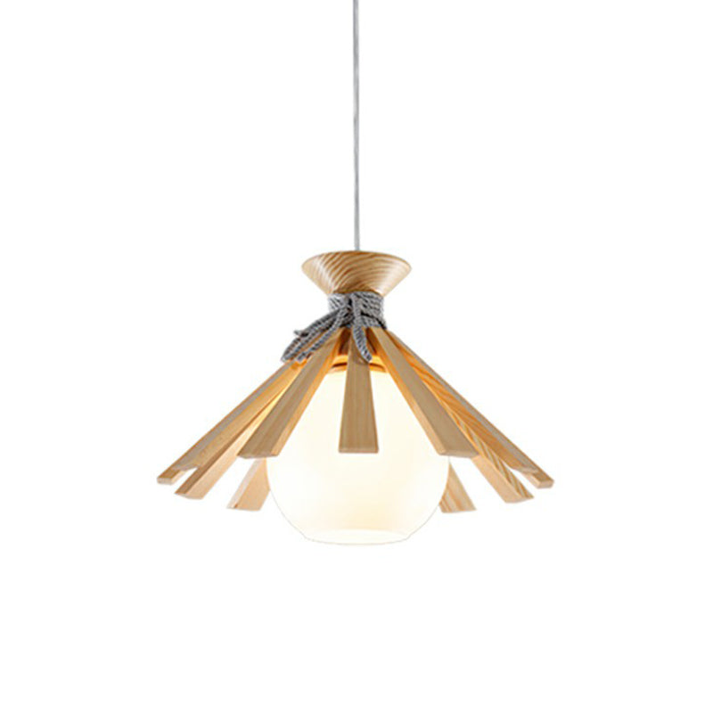 Modern Conical Wood Slat Pendant Light Kit With White Glass Shade