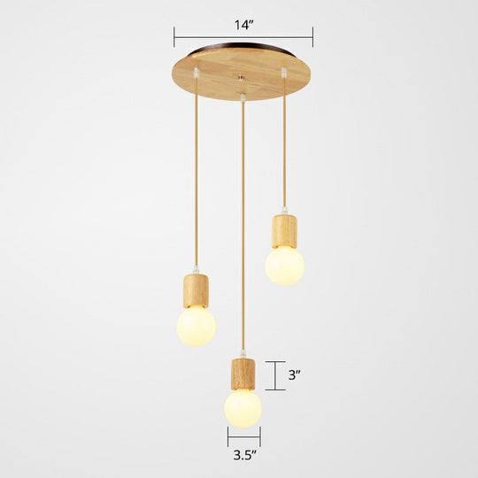 Minimalist Wooden Pendant Lamp With 3 Beige Suspension Lights - Contemporary Bare Bulb Fixture