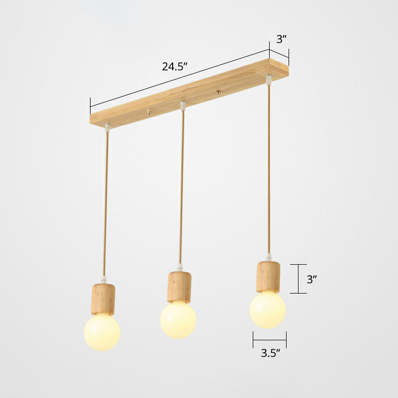 Minimalist Wooden Pendant Light Fixture With 3 Beige Lamp Heads