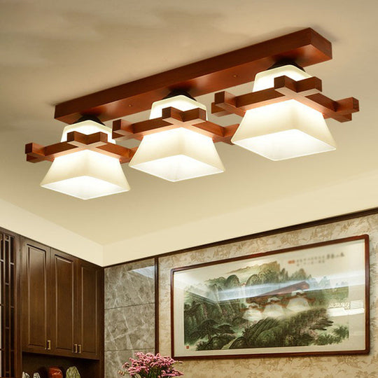 Frosted Glass Semi - Mounted Flush Ceiling Light With Nordic Coffee Finish And Wooden Frame -