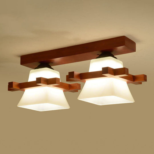 Frosted Glass Semi - Mounted Flush Ceiling Light With Nordic Coffee Finish And Wooden Frame -