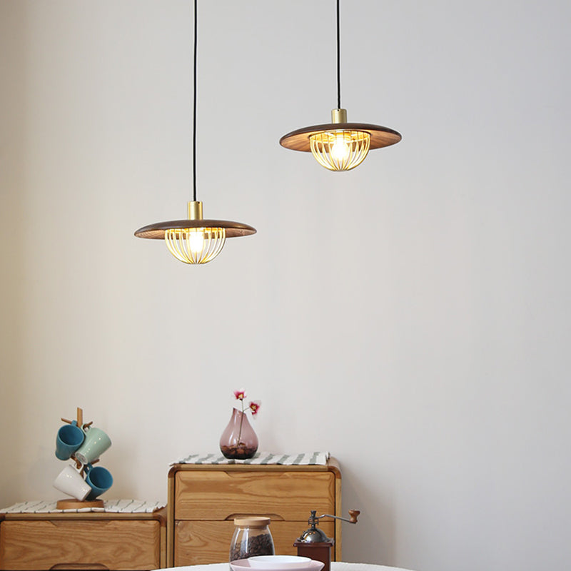 Contemporary Disc Pendant Light With Wooden Finish And Cage Bottom - 1-Light Ceiling Lighting