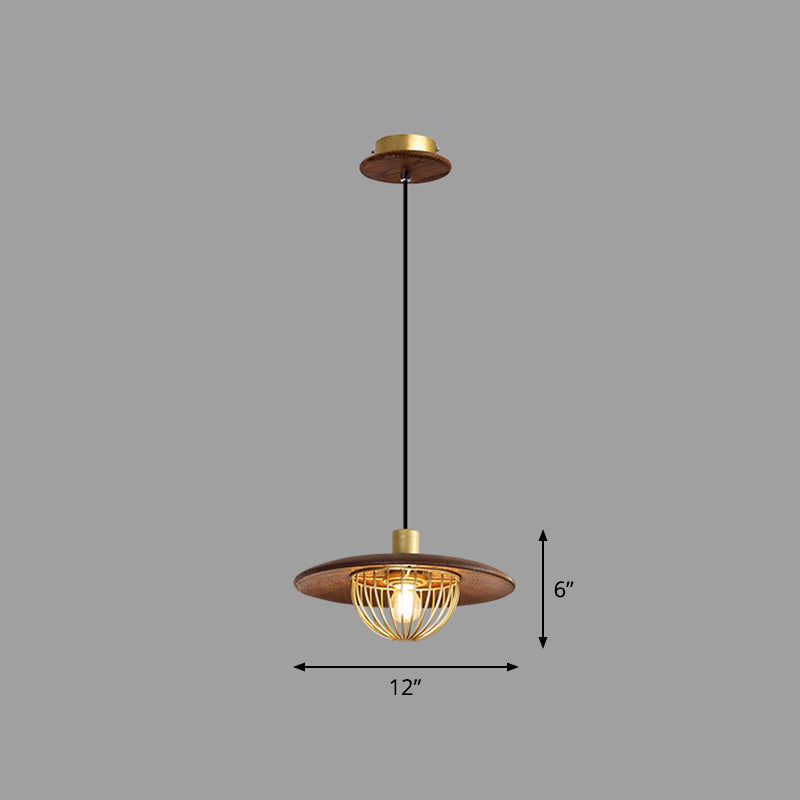 Contemporary Disc Pendant Light With Wooden Finish And Cage Bottom - 1-Light Ceiling Lighting 1 /