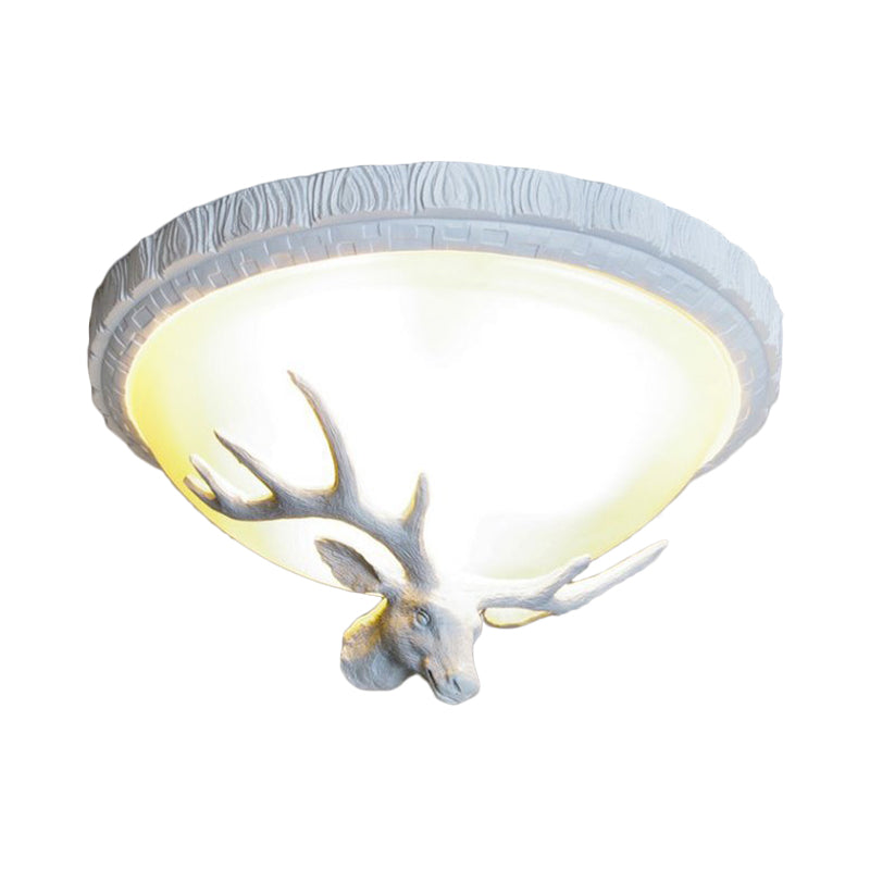 Elk-Themed Countryside Flush Mount Ceiling Lamp With 3 White Glass Lights For Bedroom