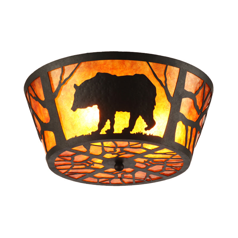 Country Style Round Marble Flushmount Ceiling Light With Bear/Horse Pattern And 3 Lights