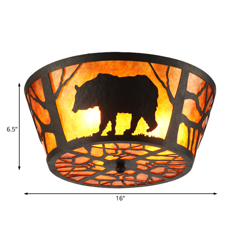 Country Style Round Marble Flushmount Ceiling Light With Bear/Horse Pattern And 3 Lights