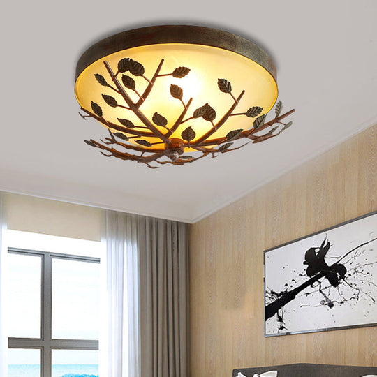 Country Brown Flush Mount Lighting With Dome Frosted Glass Shade - 3 - Light Bedroom
