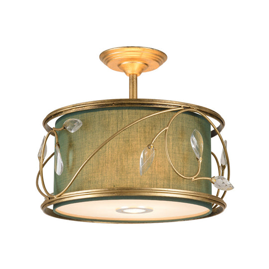 Country Style 3 - Bulb Semi Flush Mount Ceiling Light In Green Fabric - 16’/19.5’ Width