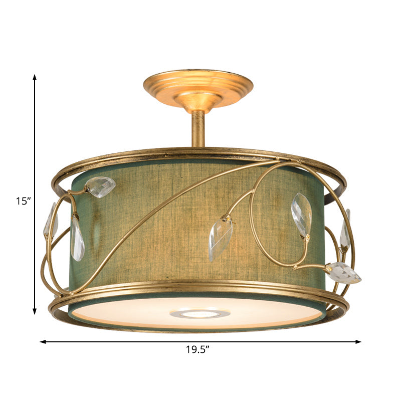 Country Style 3 - Bulb Semi Flush Mount Ceiling Light In Green Fabric - 16’/19.5’ Width