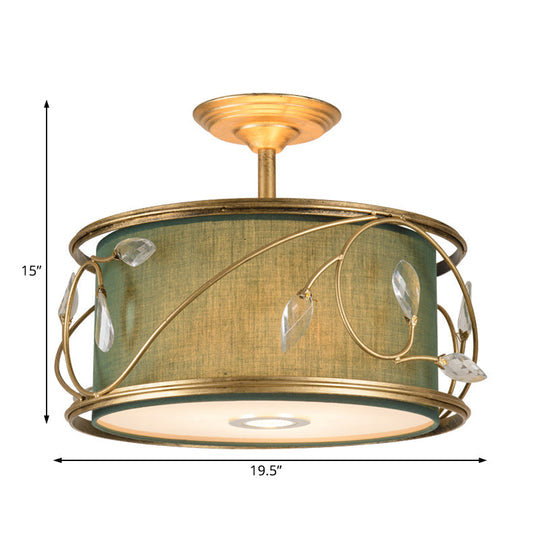 Country Style 3 - Bulb Semi Flush Mount Ceiling Light In Green Fabric - 16’/19.5’ Width