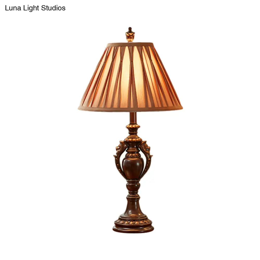 23/27 Vintage Fabric Table Lamp - Antique Brown Tone Conical Shape Living Room Nightstand Decor