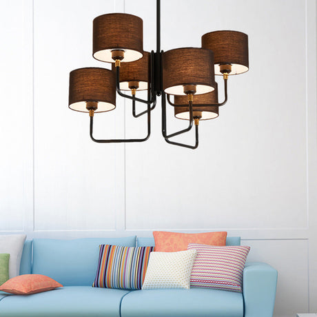 Contemporary Metal Sputnik Chandelier: Black Led Multi-Light Pendant Lamp With Fabric Drum Shade