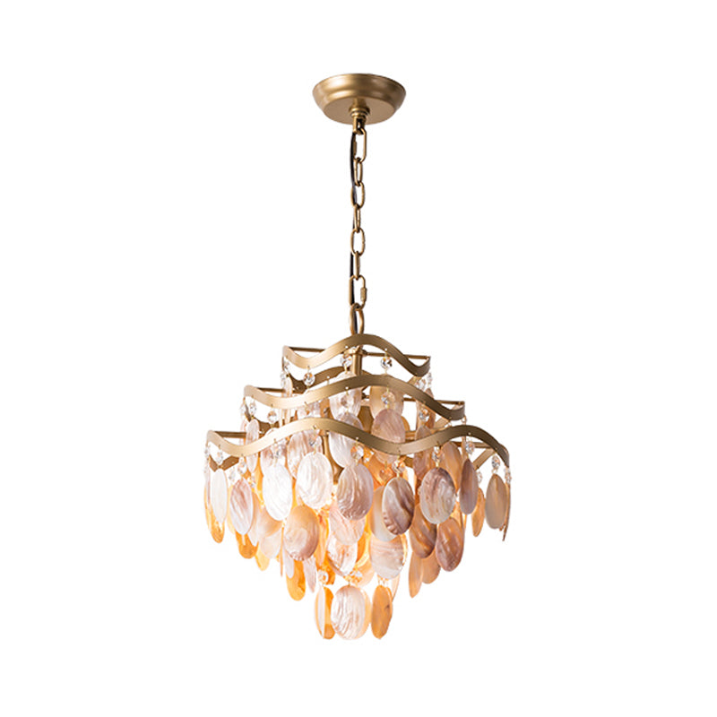Traditional Brass 3-Tier Flower Ring Chandelier With Seashell Design Pink Shade