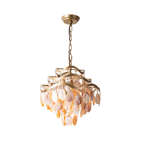 Traditional Brass 3-Tier Flower Ring Chandelier With Seashell Design Pink Shade