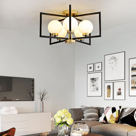Traditional White Glass Flush Mount Ceiling Fixture With 5 Lights For Living Room