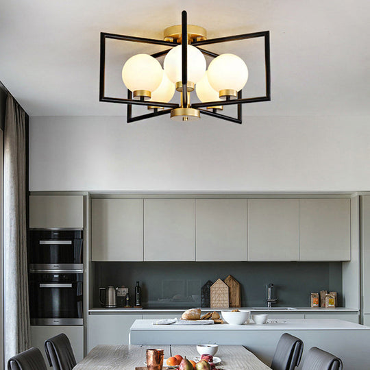 Traditional White Glass Flush Mount Ceiling Fixture With 5 Lights For Living Room