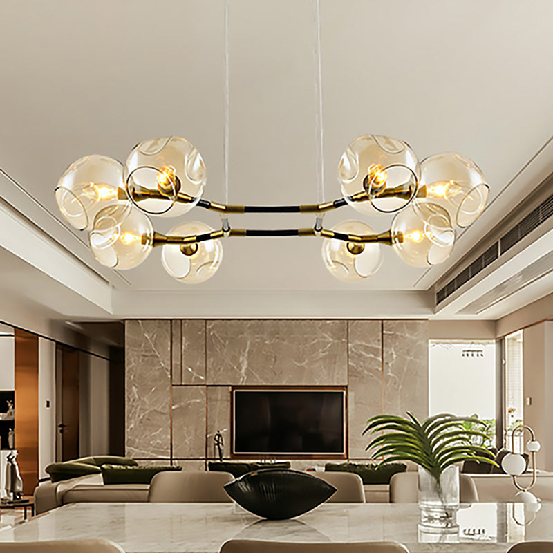 Modern Metal Branch Chandelier Pendant Lamp With Amber Glass Ball Shade Brass