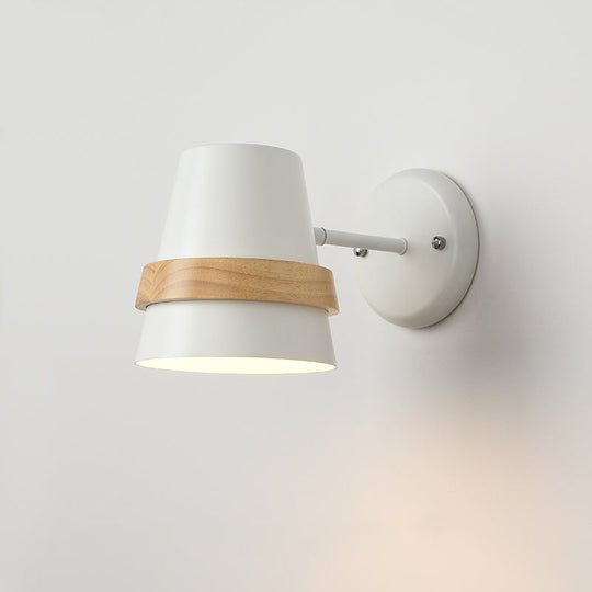 Horn-Shaped Adjustable Wall Light With Minimalist Metal Design And Wood Ring Decor - 1-Light Bedside