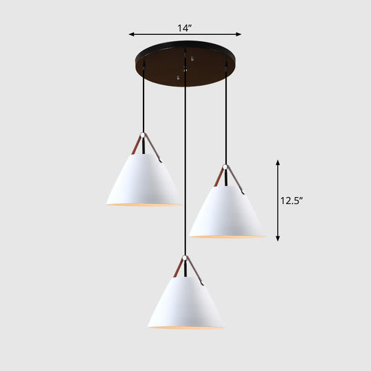 Nordic 3-Light Pendant Cluster With Conical Metal Shade & Leather Strap White / Round