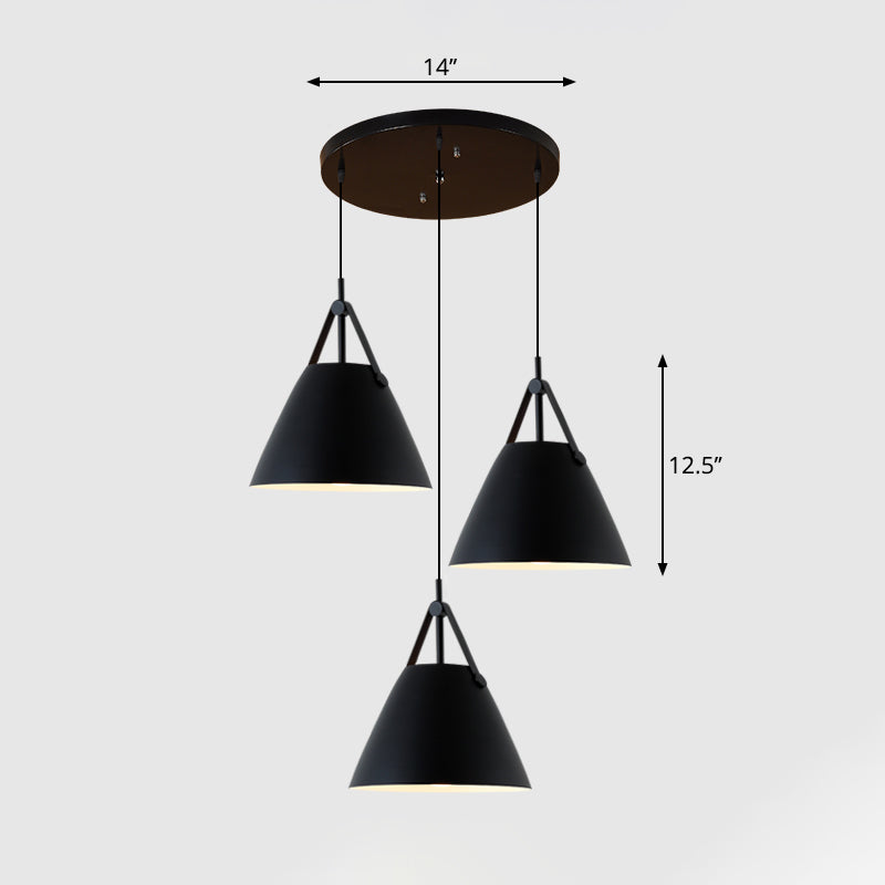 Nordic 3-Light Pendant Cluster With Conical Metal Shade & Leather Strap Black / Round