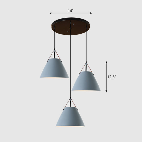 Nordic 3-Light Pendant Cluster With Conical Metal Shade & Leather Strap Grey / Round