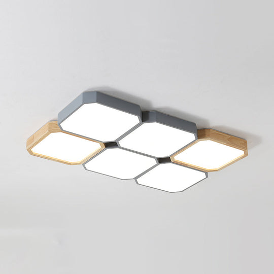 Led Checkered Ceiling Light: Nordic Grey Metal And Wood Fixture For Living Room 6 / White