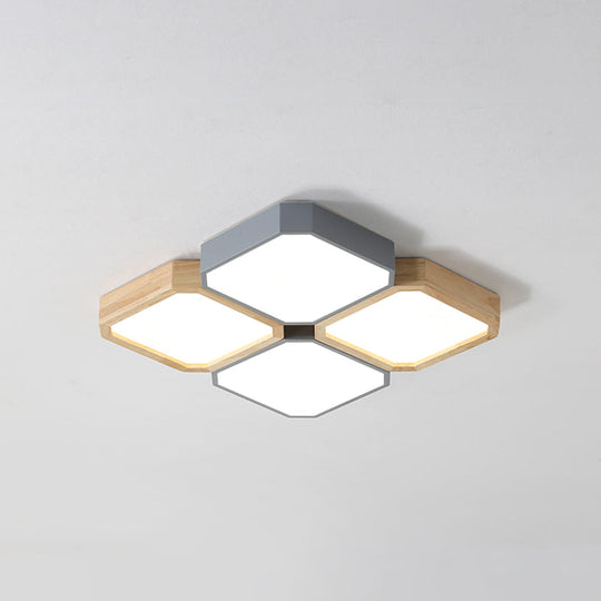 Led Checkered Ceiling Light: Nordic Grey Metal And Wood Fixture For Living Room 4 / White