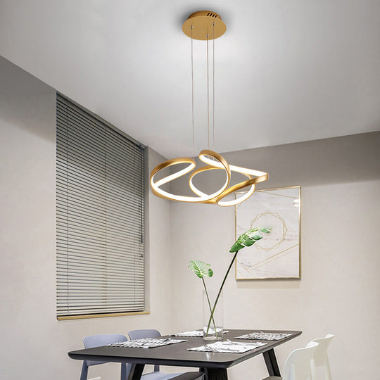 Gold Metal Twisty Led Chandelier - Simple Style Hanging Lamp For Restaurants