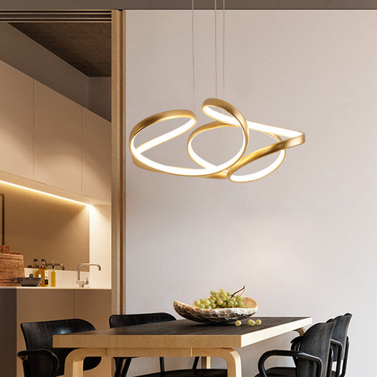 Gold Metal Twisty Led Chandelier - Simple Style Hanging Lamp For Restaurants