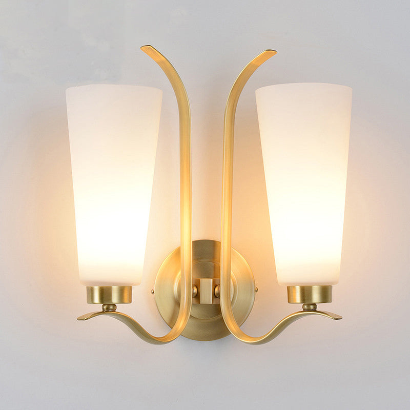 Vintage White Glass Brass Wall Lamp - 2-Light Cone Sconce For Porch With Metal Swooping Arm