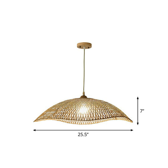 Asian Bamboo Wave-Edge Suspension Pendant Light With 1-Bulb In Beige Ideal For Bedroom Lighting /