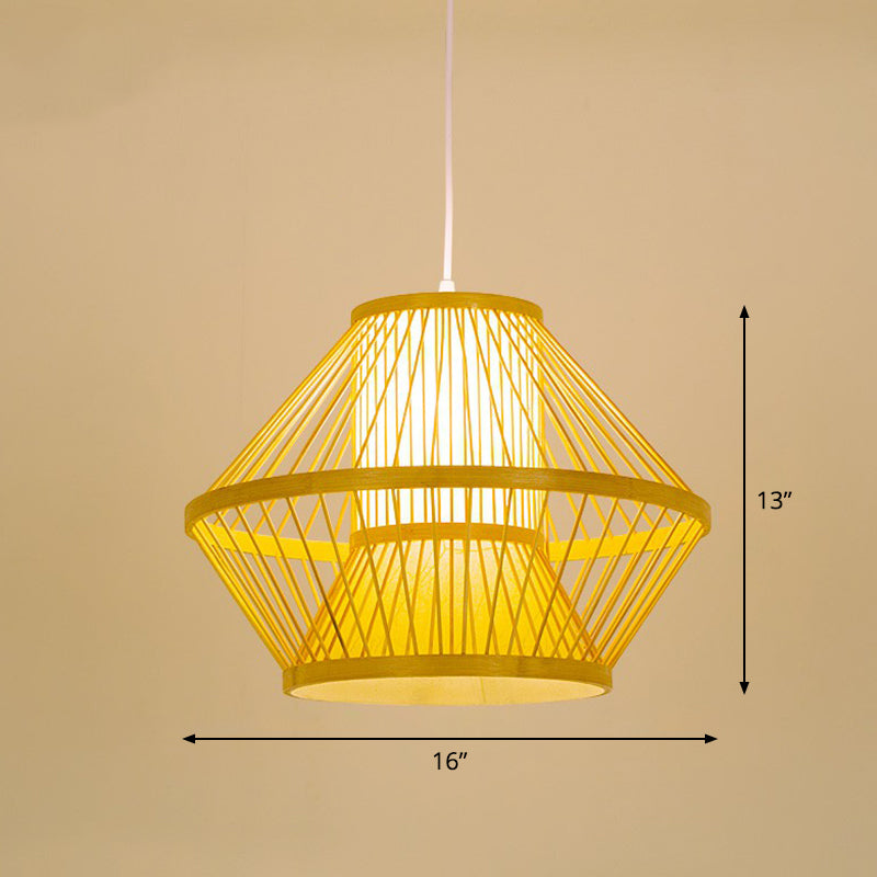 Bamboo Cage Pendant Light For Tearoom - Chinese Style 1 Bulb Beige