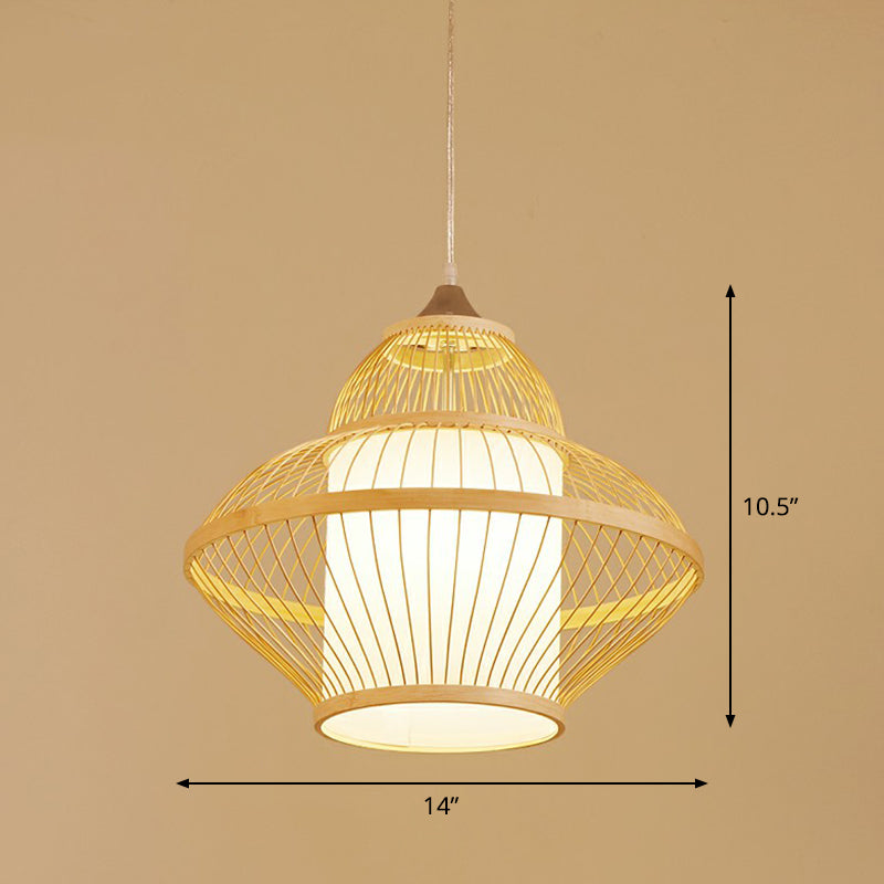 Bamboo Cage Pendant Light For Tearoom - Chinese Style 1 Bulb Beige / J