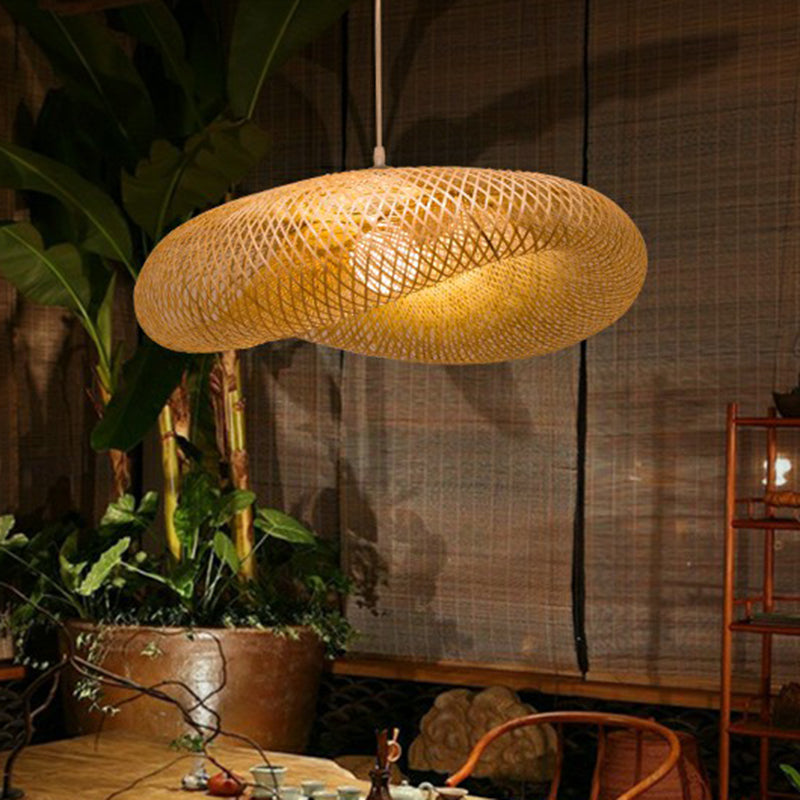 Geometric Beige Pendant Light With Asian Design - Bamboo Suspension Fixture