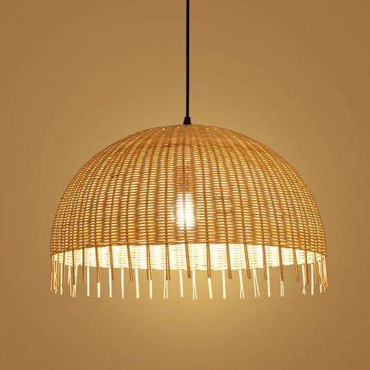 Modern 1-Head Dome Pendant Light With Bamboo Shade Minimalistic Wood Unfinished Look