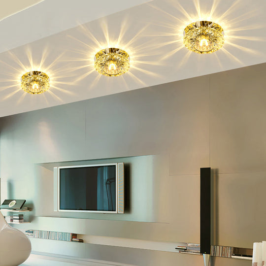 Simplicity Led Flush Mount Stainless Steel Flower Ceiling Light With Crystal Shade Clear / Warm