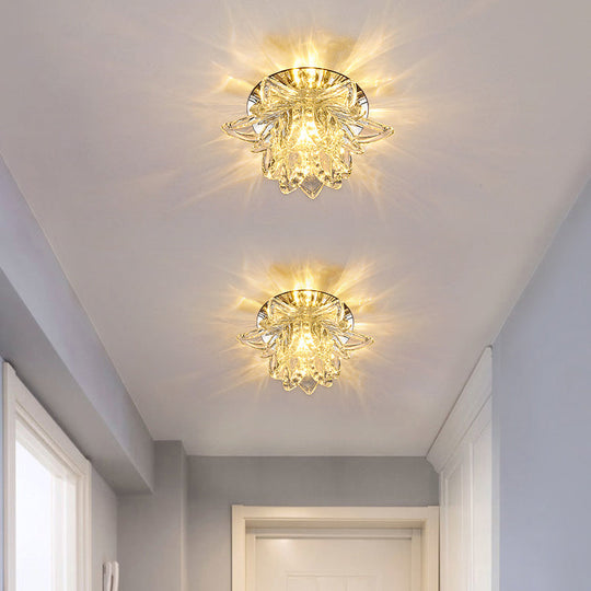Modern Lotus Blossom Led Flush Mount Ceiling Light With Clear Crystal Accent - Ideal For Hallway